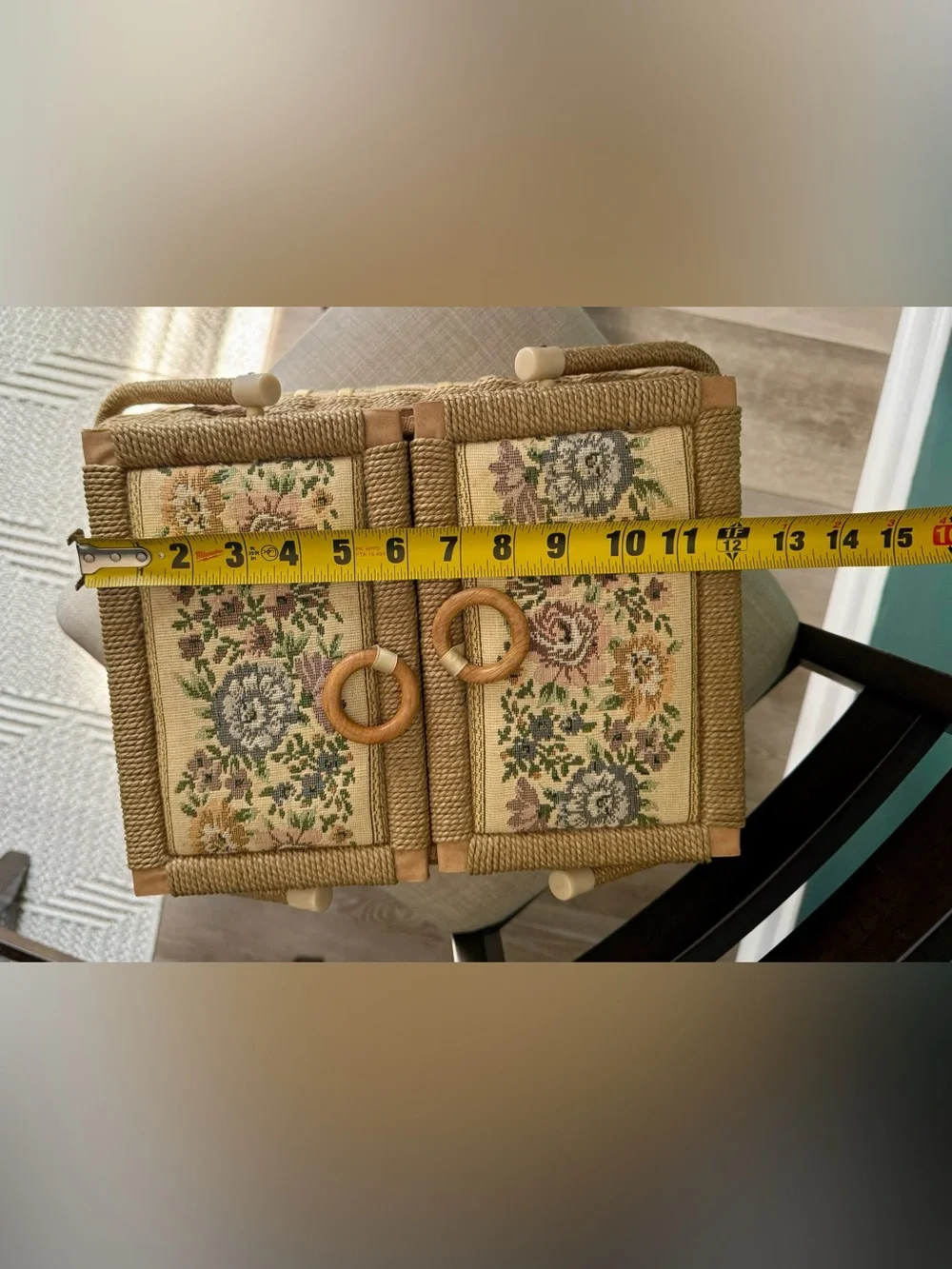 Vintage AZAR Woven Wicker Sewing Basket with Floral Tapestry